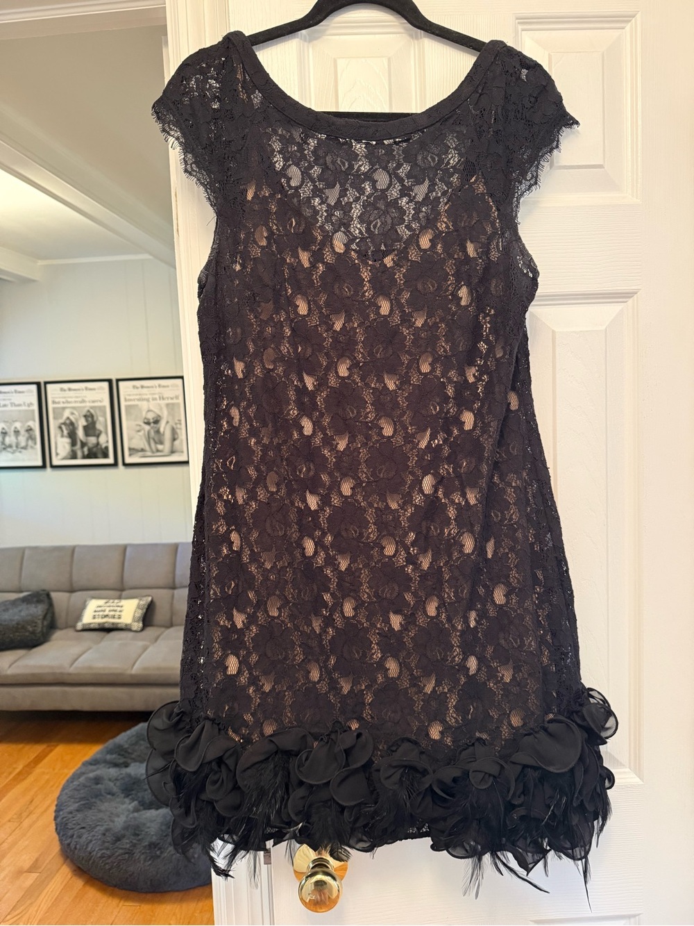 Jessica Simpson Black Lace Cap-Sleeve Slip with Feather & Rosette Hem